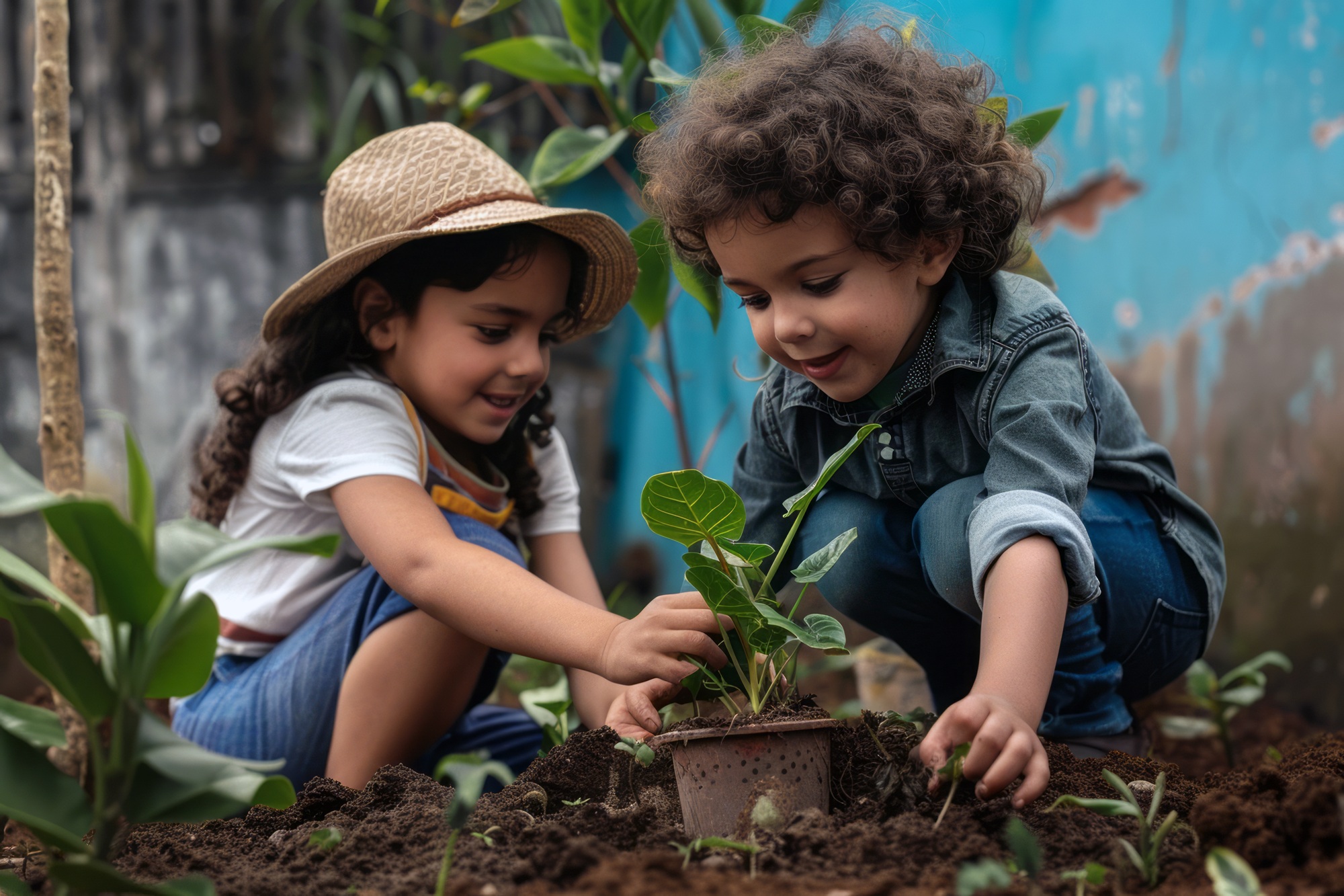 professional photo of two diversity 9 year old kid is planting a plant --ar 3:2 Job ID: 9b8ff9b7-1dd4-4149-9666-1f7f45a39aa5